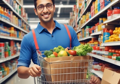 A 3D illustration featuring a series of shopping-related elements such as a shopping basket, a target, a lightbulb, a paper bag, and various charts or graphs. These objects are positioned on a dark green stepped platform, suggesting elements of business and marketing.