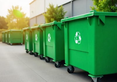 a row of green bins with recycling bins