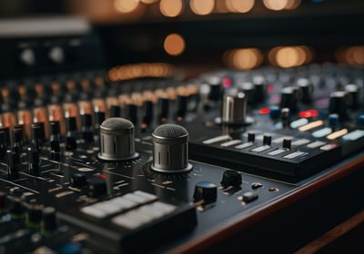 a sound mixing console with microphones and microphones