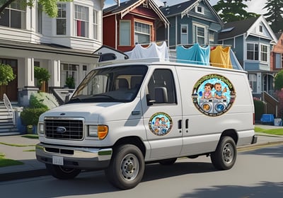 a van with the Larry & Lindas logo on the van in a quiet Seattle Neighborhood