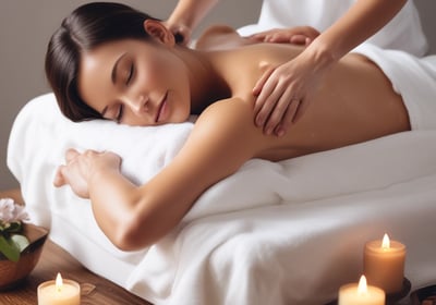 Hands performing a massage on a person's back, applying pressure to specific points. The setting is bright and calming, with soft focus creating a tranquil atmosphere.