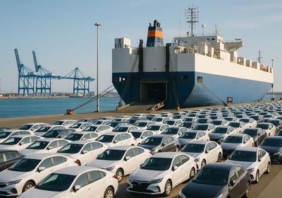 a large ship ship in the water with cars parked in front of it