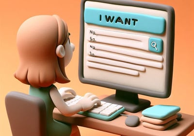 a cartoonish character sitting at a computer desk