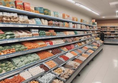 A spacious warehouse aisle flanked by tall shelves filled with various types of boxed goods and merchandise. The aisle has a concrete floor and is illuminated by bright overhead lighting. A large price sign is visible in the distance, indicating an organized retail or storage space.