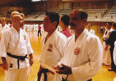 Hanshi Ravindran k.p and Hanshi tetsuo takamiyagi in okinawa in world seminar