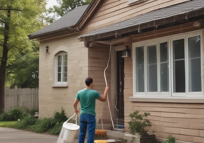 A person in a bright orange uniform and yellow hard hat is power washing the exterior of a structure next to a sidewalk. Large trees with dense green foliage are visible, along with bicycles parked under a canopy. The scene appears to be in an urban setting with buildings and construction in the background.