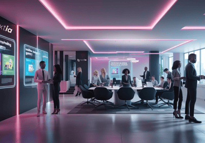 a group of people standing around a table with a tv screen