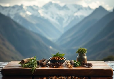 Tibetan mountain view with herbal remedies on a wooden table