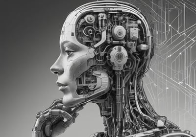 A glowing neon sign displaying the letters 'AI' is mounted on a dark, textured wall that resembles a circuit board or technological pattern.