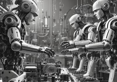 A small, white humanoid robot with blue accents, including eyes, mouth, and a circular badge with the letters 'AI' on its chest, is positioned in front of a blue laptop on a metallic surface. The robot has a simple, smooth design with two cylindrical arms and a small antenna on top.