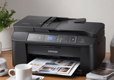 An Epson dot matrix printer with control buttons and a stack of continuous form paper loaded. The printer appears to be in an office or workspace setting.