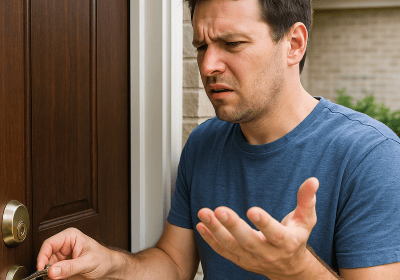 Frustrated homeowner holding a key at a locked front door, needing locksmith lockout help.
