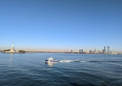 New York City skyline and Statue of Liberty from the harbor