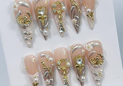 Elegant Pearl French Tip Long Stiletto Press On Nails, Handpainted Fake, False Nail, Christmas Nail Art, Royal Nail Tips