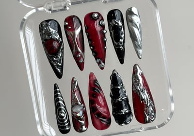 Hand-Painted Free-Style Press On Nails, Silver Metallic Crystal Long Stiletto, Custom Chrome Fake Nails, Gothic Nails