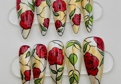 Enchanted Rose Handpainted Press on Nails - Gothic Leaf Red Beauty Stained Glass Flower Stiletto Fake Custom Party Set Glue o