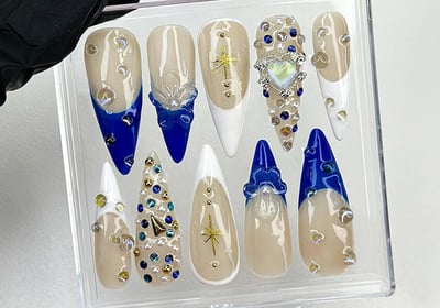 Elegant Crystal long stiletto Press On Nails, Luxury handmade nail set, Custom design Vibrant Floral Nail Art, Almond Nails,