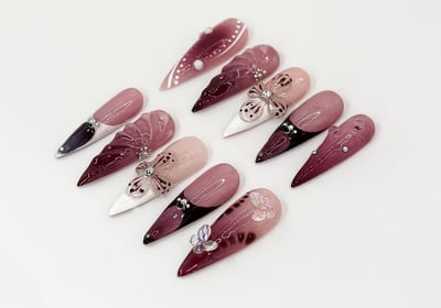 Burgundy Floral 3D Press On Nails, Floral Design with Rhinestones, Floral Accents And Pearl Details, Stylish & Trendy Nail De