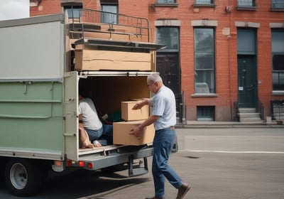 A large moving truck is parked on a residential street with its back doors open and a ramp leading down to the sidewalk. Boxes and furniture can be seen inside the truck, and a person is partially visible inside, seemingly organizing or unloading items. The surrounding area has lush green trees and grass, suggesting it’s a well-kept neighborhood.