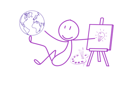Male stick figure sitting and kicking the world globe while pointing toward an easel with a lighbulb