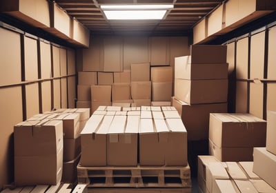 A delivery van with its back doors open, packed with numerous cardboard boxes of various sizes. A person is partially visible inside the van, surrounded by the boxes. The scene suggests the process of loading or unloading packages.
