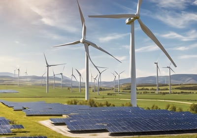 Several wind turbines stand atop a green hill, surrounded by a clear sky filled with clouds. The turbines are evenly spaced and exhibit modern engineering with metal support structures, contributing to a clean energy landscape.
