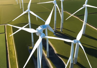 Several wind turbines stand atop a green hill, surrounded by a clear sky filled with clouds. The turbines are evenly spaced and exhibit modern engineering with metal support structures, contributing to a clean energy landscape.