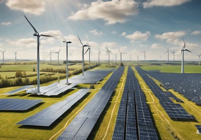 Several wind turbines stand atop a green hill, surrounded by a clear sky filled with clouds. The turbines are evenly spaced and exhibit modern engineering with metal support structures, contributing to a clean energy landscape.