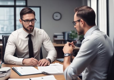 A professional consultation setting with a medical professional sitting at a desk facing a client. The room has a modern aesthetic with white walls decorated with framed certificates. The desk is organized with office supplies, a laptop, and a fruit bowl in the center.
