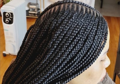 a woman with a large braid braids on her head