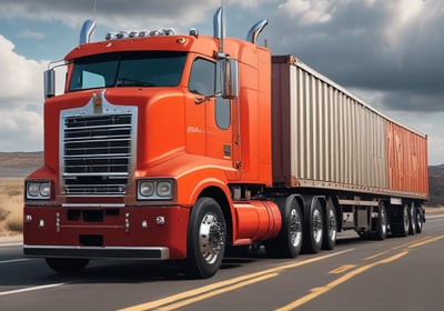 An orange Isuzu truck with a large container on its back is driving on a highway. The truck has signage indicating 'K.B Logistics' and contains decorative elements on the front. The container is mostly blue with white text and appears to be used for transporting goods. The highway is surrounded by greenery, with trees and bushes visible in the background. It's a bright day with clear visibility.