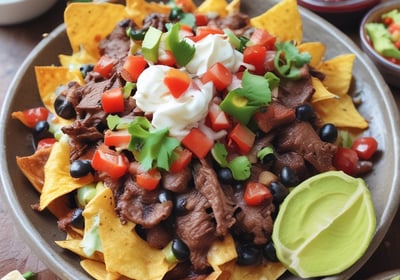 A plate of Mexican food on a red table. The dish includes grilled onions, beef, a serving of cheese, corn tortillas, and a cactus paddle. A bowl of red salsa with onions is placed nearby, and various condiments including sauces and napkins are on the table.