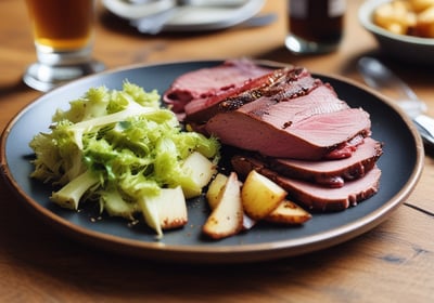 Hose-cured salt beef with duck fat roasties, braised savoy cabbage and house mustard.
