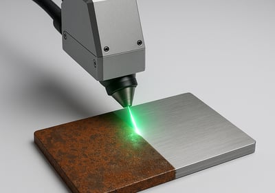 Laser cleaning machine removing rust from a metal plate, showing before and after effect – InterGemm