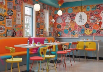 A spacious and modern cafeteria interior with multiple white tables and chairs. Large windows allow natural light to flood the area, providing a view of urban buildings and greenery outside. The setting is clean and organized, with wooden elements adding warmth to the space.