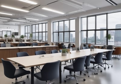 A bright and minimalist home office with a large window letting in natural light. The focal point is a computer with 'Do More' displayed on the screen, accompanied by various desk accessories like a lamp, potted plants, notebooks, and an office chair.