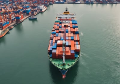 A large cargo ship is moving across a body of water, loaded with multicolored shipping containers. In the foreground, a wooden dock and some vibrant orange and green plants add a splash of color. The sky is overcast with a mix of gray clouds and a golden sunset.