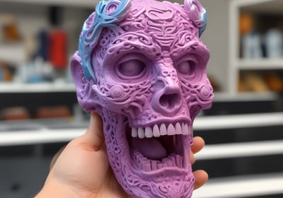 A modern 3D printer with an open door on the left, showcasing two spools of filament inside. The device is positioned on a wooden surface, with a black and metallic structure. The interior includes tubes and a printing head, with visible red and black filament on the printing platform.