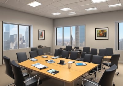 A group of five individuals are in a conference room engaging in a meeting. Four people are seated at a table with laptops and notebooks in front of them, while one person is standing and pointing at a projection on the wall displaying various company logos.