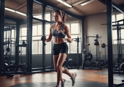 A group of individuals in athletic wear participate in a fitness class inside a spacious, well-lit room. The instructor, facing away, leads the group with energy and focus. The participants appear engaged and attentive, following along with the instructor's movements.