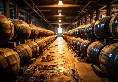 a row of barrels of wine barrels in a warehouse