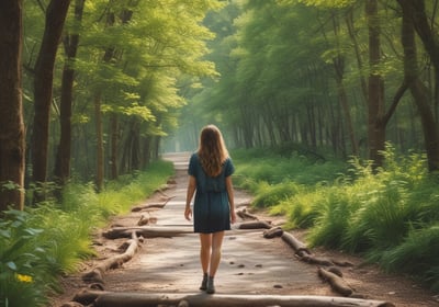 A person wearing a bright green shirt with a motivational text stands on a road surrounded by lush greenery. The shirt reads 'Change a life, change the nation.' A colorful headband adorns their head. The road is empty, flanked by trees and plants, conveying a serene and peaceful setting.