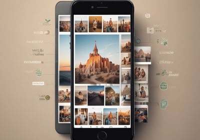 A travel agency is located in a multi-story building adorned with a large mural. The mural depicts a smiling woman's face with her hand raised as if waving. The building is surrounded by trees, and there is a sign indicating 'TRAVEL AGENCY' at the entrance. Several windows and architectural details are visible, as well as an entrance with a ramp and stairs.