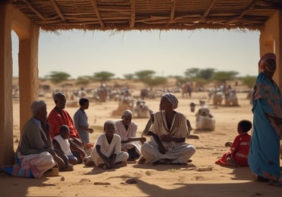 A young boy stands with raised arms in front of a row of tents in a refugee camp. The tents have UNHCR logos, indicating the involvement of the United Nations High Commissioner for Refugees. In the background, a truck and a few vehicles are visible alongside a hillside. A national flag is flying on a pole, and the ground is dry and dusty.