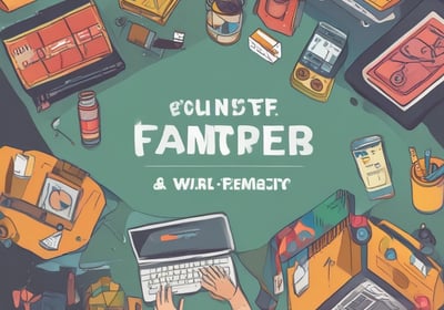 A black card with the word 'Thanks!' in white script is placed on a reflective surface. Surrounding it are various items including a brown envelope with handwritten information and a card with abstract designs featuring warm colors.