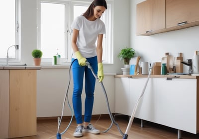 Three bottles of Earth Choice cleaning products are lined up on a wooden surface. The bottles have liquid inside and feature colorful labels with natural imagery like lemons and flowers. Each bottle is topped with a white cap, and the background is a solid teal color.