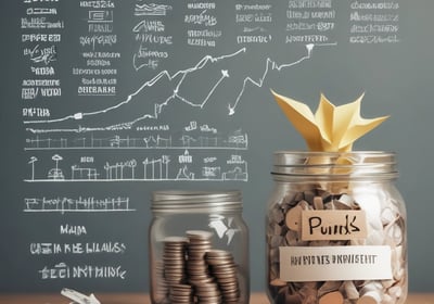 A person is typing on a MacBook Pro, viewing a website titled 'Personalize your portfolio.' The webpage displays three sections related to investing, each with different images and text. The laptop is on a grey table with a dark sofa and indoor plants in the background.