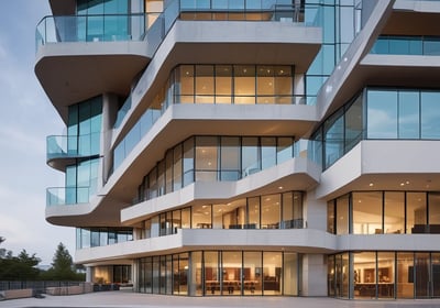 A black and white architectural photograph featuring a modern building with a curved facade. The facade has a repetitive pattern of alternating balconies and rectangular windows, creating a sense of rhythm and movement. The shadows and light create a dramatic contrast, highlighting the texture and design of the building.