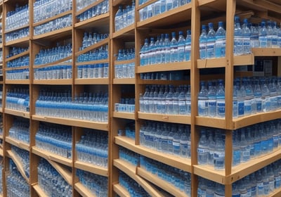 Shelves stocked with multiple packs of bottled water, organized neatly with  labels displaying the brand 'brisa'. Each bottle has a blue cap and is part of a multi-pack held together by packaging. The shelves are wooden, and the setting appears to be in a retail environment with similar items displayed nearby.