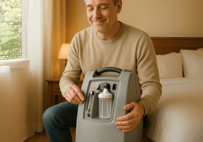 hombre usando un concentrador de oxígeno de lazcano equipos, en su habitación
